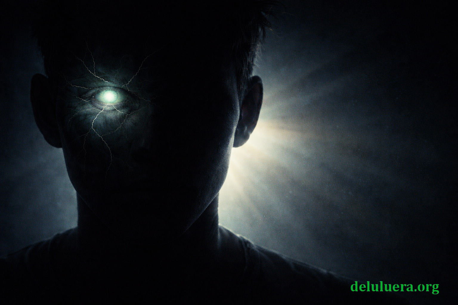 Silhouette figure with illuminated right eye symbolizing awareness and recognition